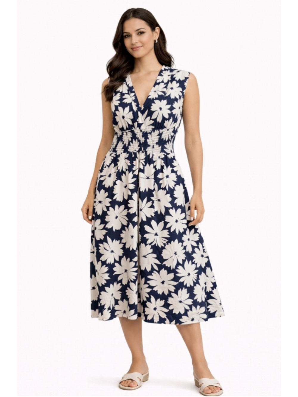 Anthropologie Navy and Cream Floral Midi Dress